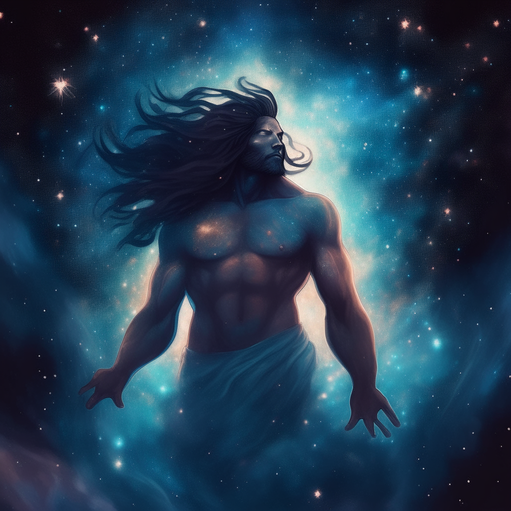 A god floating among stars and nebulae, their muscular form glowing brightly against the dark universe, long hair flowing in celestial winds