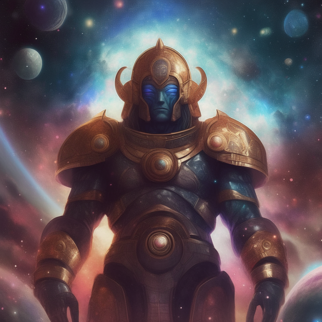 An armored god surrounded by planets and moons, their handsome face illuminated by a nebula as they gaze into the vast universe with a thoughtful expression