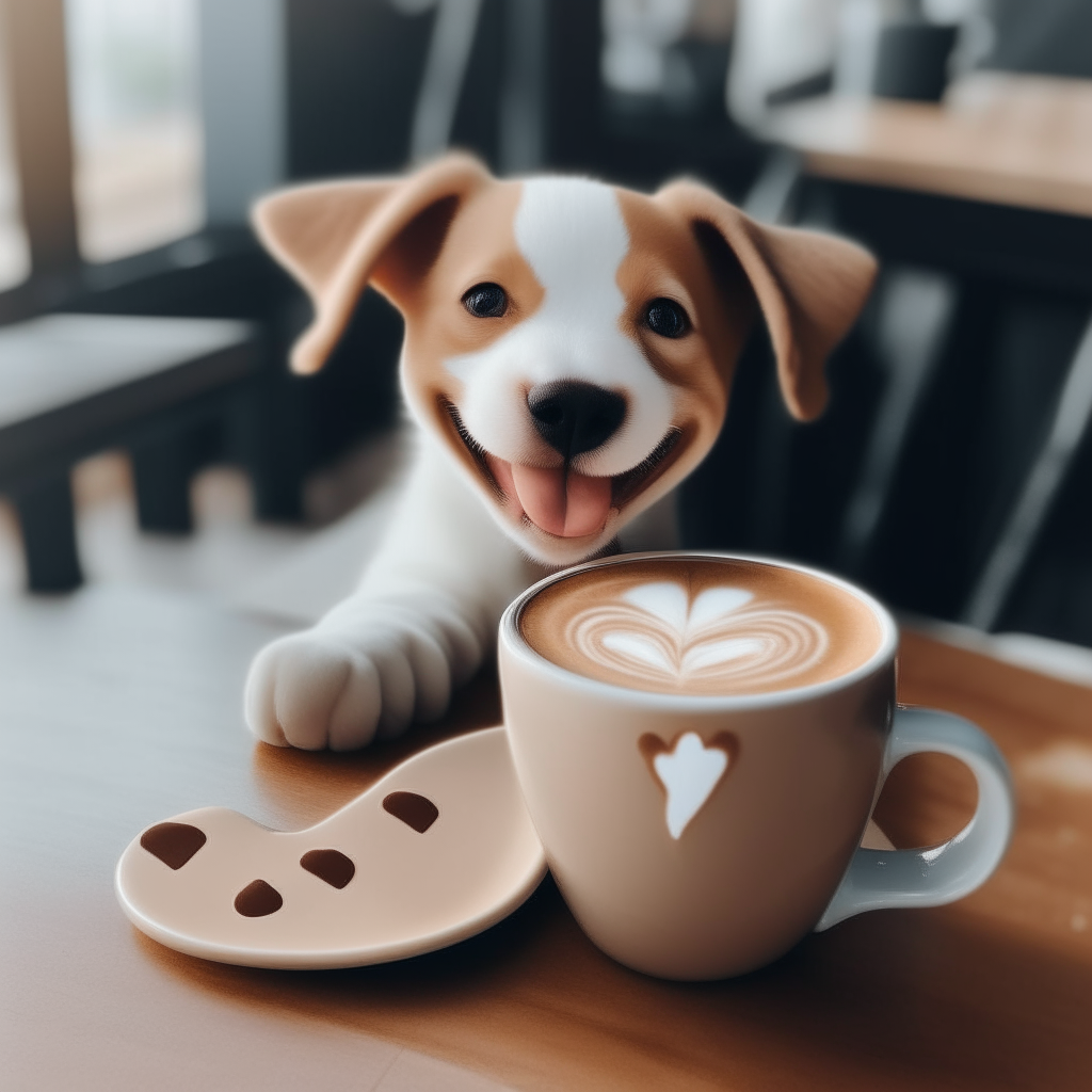 a happy puppy drinking a latte with heart-shaped foam art in a cup on a table