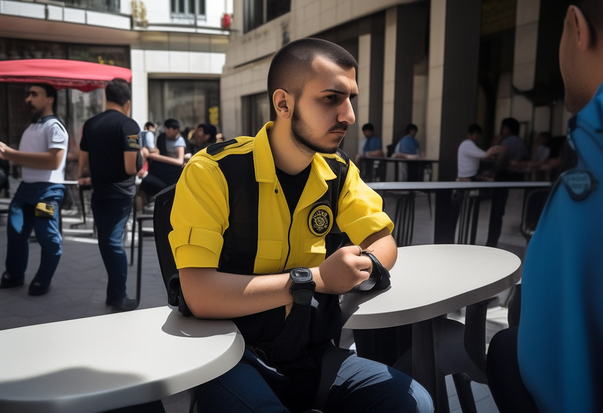    I'm sitting in a cafe and I'm handcuffed by the Turkish police, I'm in front of the courthouse in Izmir, Turkey, my back is turned and my hands are handcuffed, I'm a rapper with dark hair shaved on the sides but a little long at the top, the ends are yellow but the other parts are black, I'm being taken to the courthouse. I'm being taken inside the courthouse with my hands handcuffed behind my back. 