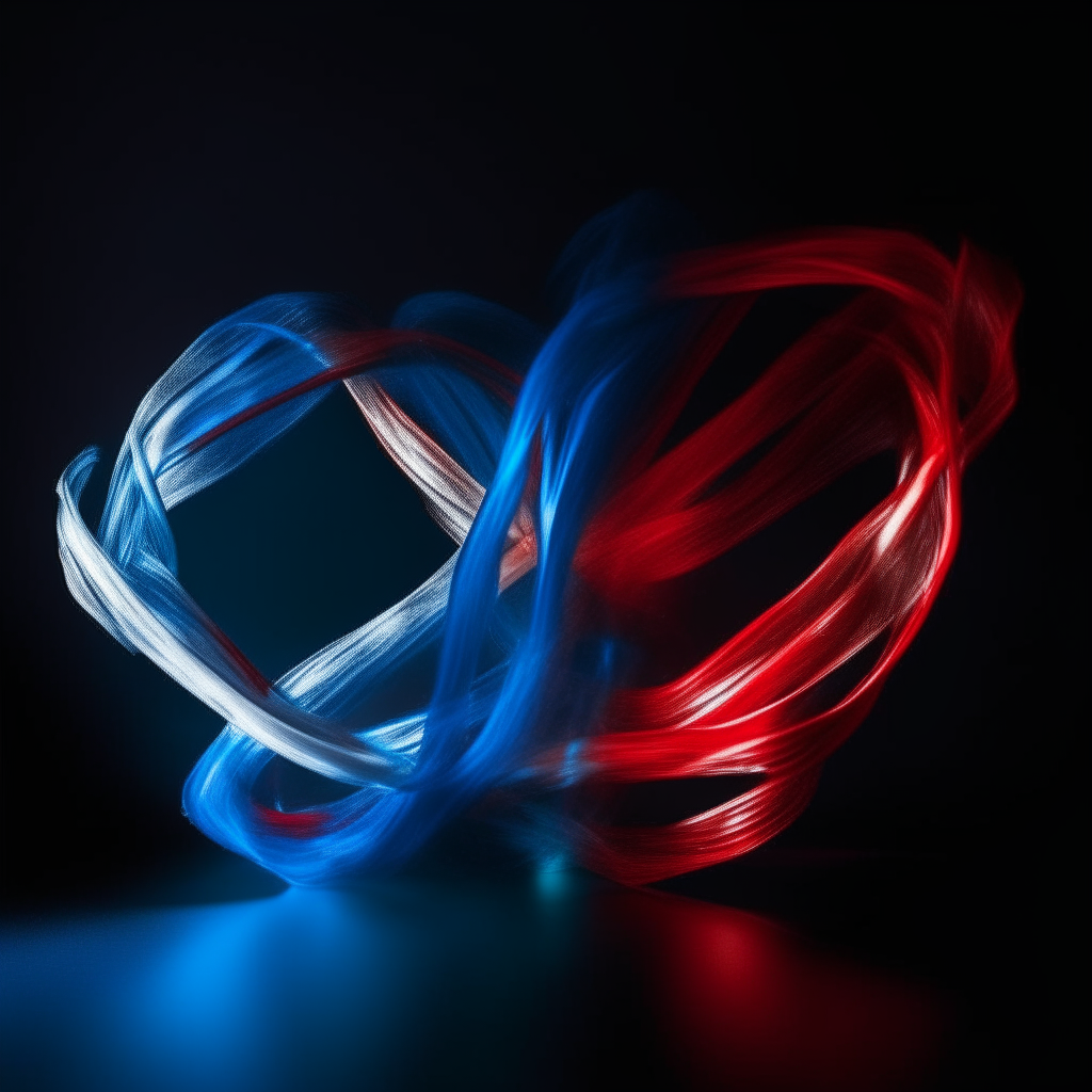 two intertwining ribbons of light, one red and one blue, wrapping around each other