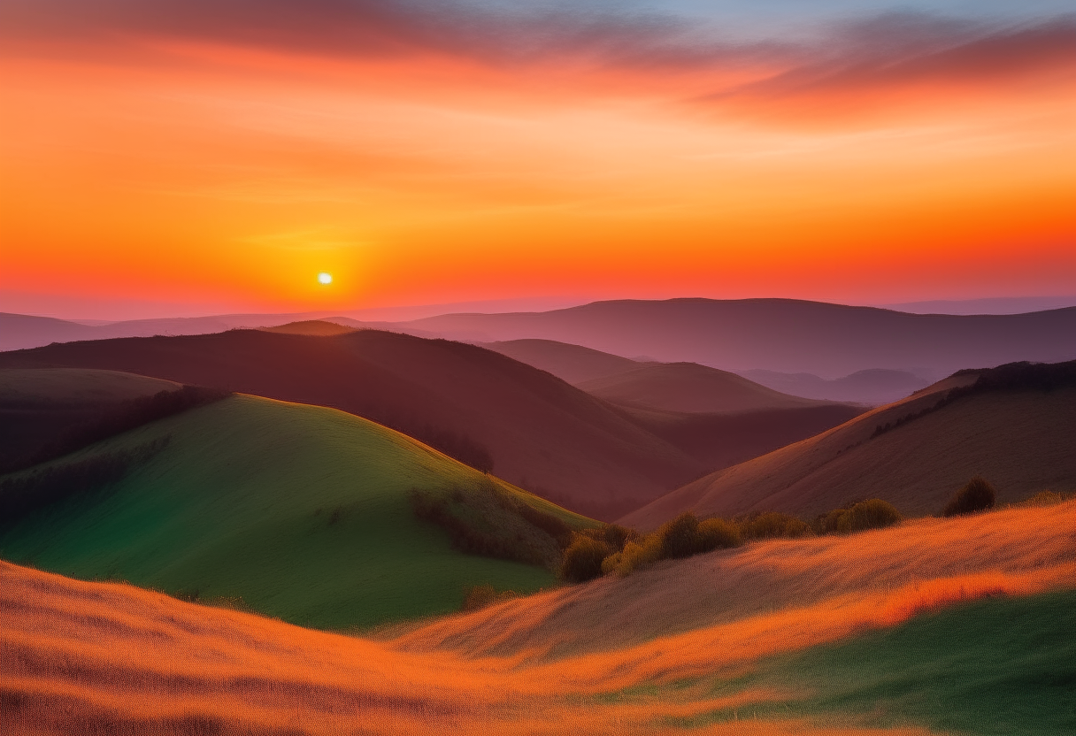 a sunset over rolling hills, colors blending together