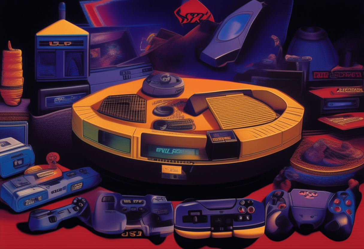 The nostalgic 90s gaming scene with a large PlayStation logo in the top right corner