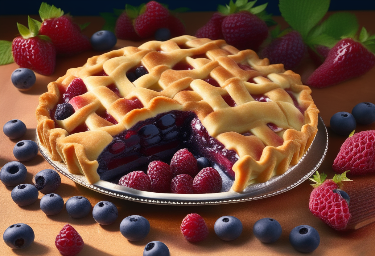 Step into the '90s nostalgia with Pie Berry Blast. The image showcases a mouthwatering pie, brimming with a medley of vibrant mixed berries—strawberries, blueberries, raspberries, and blackberries. The golden-brown, flaky crust envelops this berry explosion, adorned with a delicate lattice pattern that hints at the sweet treasure within. Sunlight streaming through a nearby window illuminates the pie's glossy finish, making the berries glisten temptingly. A vintage Sony PlayStation controller and game cartridges peek from the background, adding to the ambiance of this delightful flashback dessert. In this snapshot, Pie Berry Blast captures the essence of '90s gaming and culinary indulgence, inviting you to savor the flavors of the past.