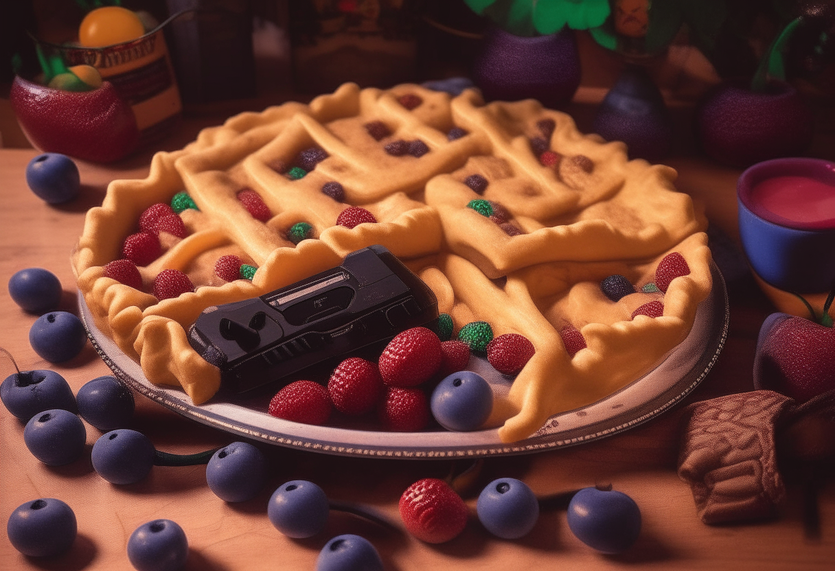 The nostalgic 90s gaming and berry pie scene with a vintage PlayStation controller in the foreground