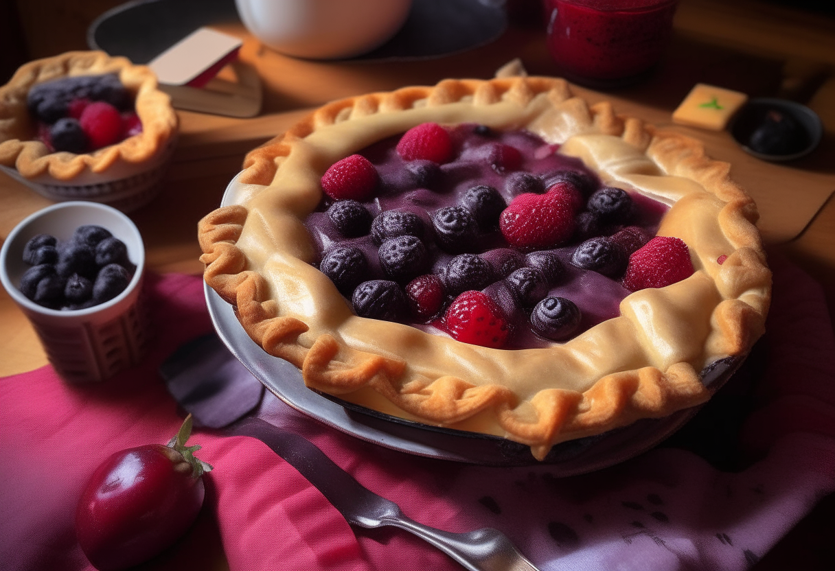 A mouthwatering mixed berry pie with a golden flaky crust sitting on a table. A vintage PlayStation controller rests next to the pie.