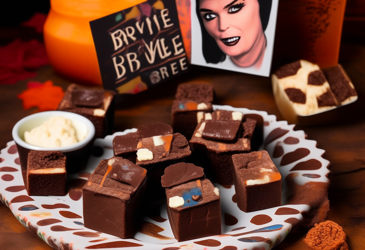 The image showcases a delightful arrangement of Britney's Brownie Bites Fudge Chunks. Each bite-sized brownie chunk is rich, moist, and generously studded with fudge pieces. They are elegantly arranged on a vintage-style dessert platter, reminiscent of the '90s pop culture era. The backdrop features iconic '90s imagery, from CD albums to posters of pop sensations, evoking a sense of nostalgia and celebration.