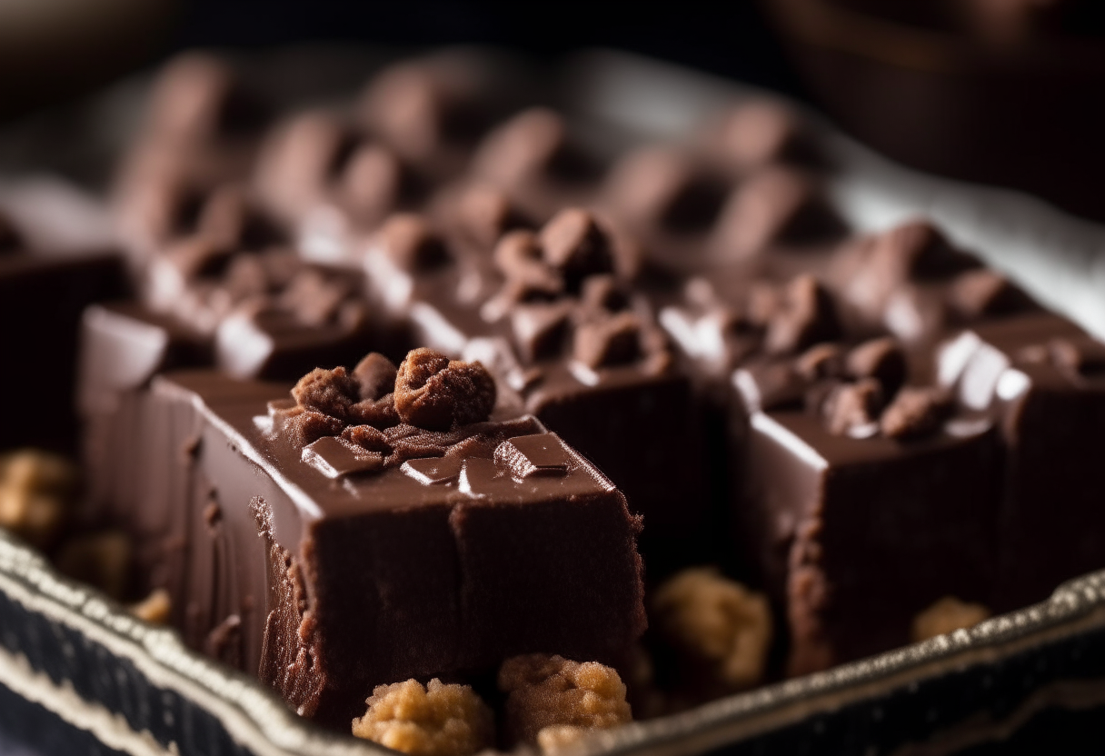 A close up photo of bite sized brownie chunks studded with fudge pieces arranged elegantly on a vintage style dessert platter.