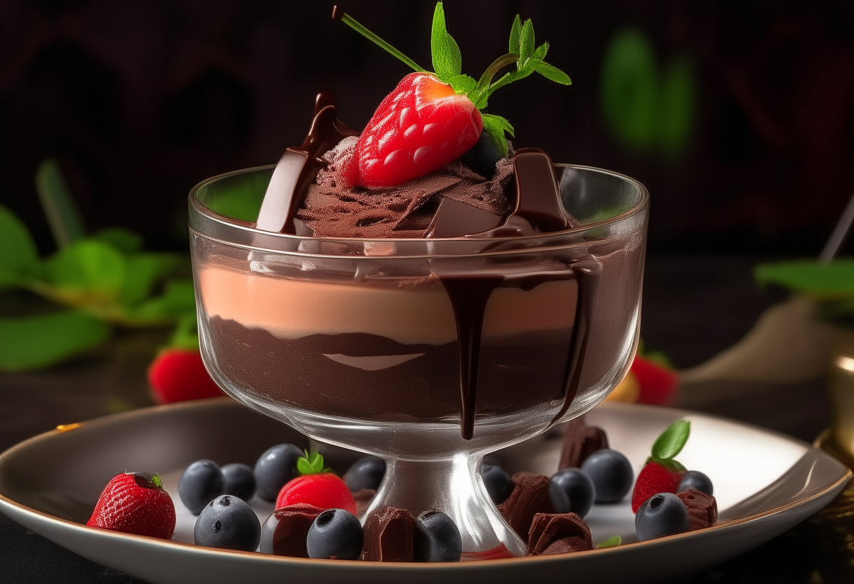 A decadent serving of Chocolate Mousse elegantly presented in a glass dessert dish, garnished with fresh berries and a drizzle of chocolate sauce, all set against a backdrop reminiscent of a '90s dance club.