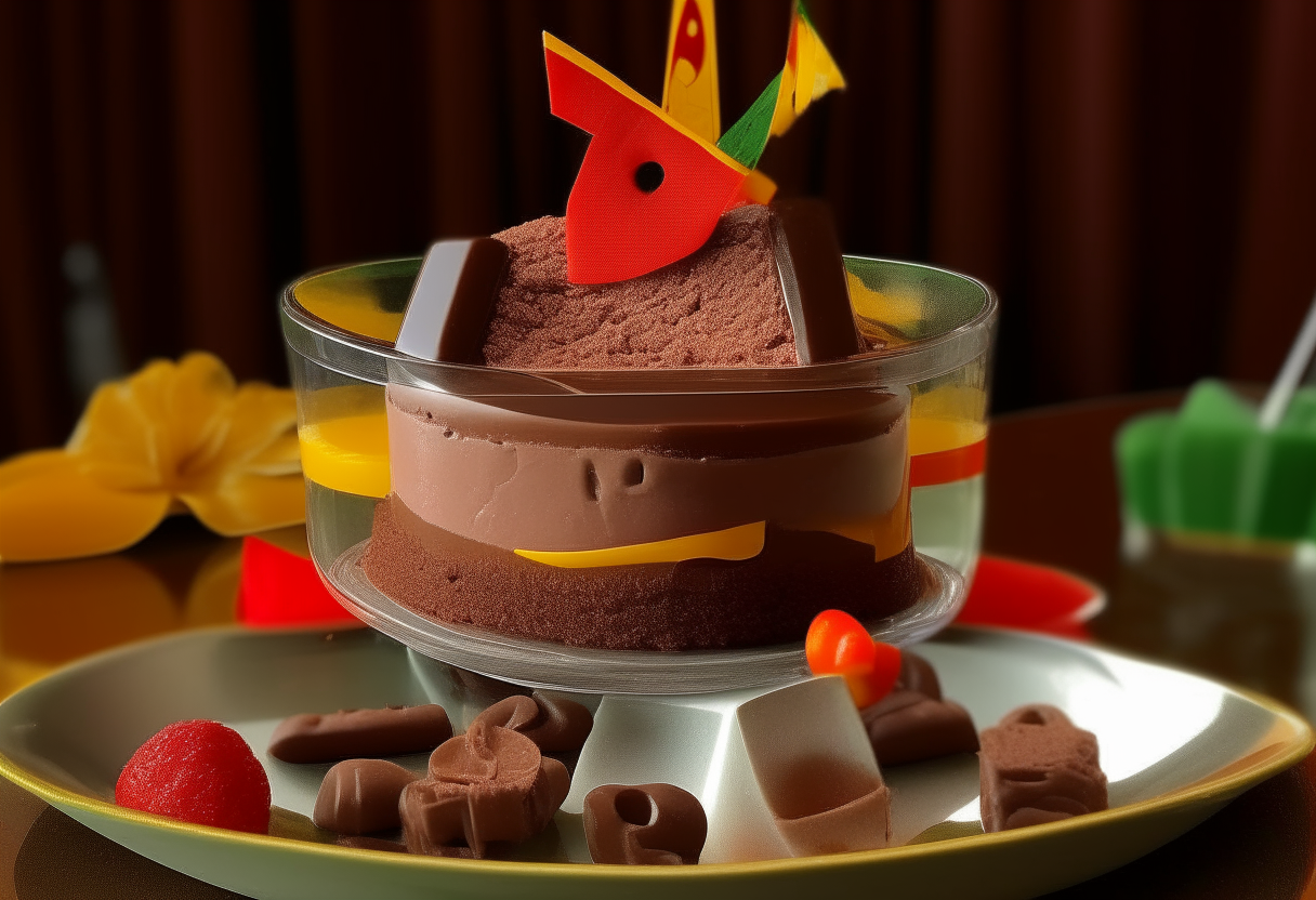 The chocolate mousse dessert with Spanish flags and decorations added