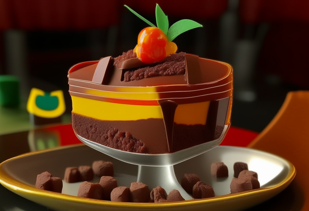 The chocolate mousse dessert scene with a Spanish flag added