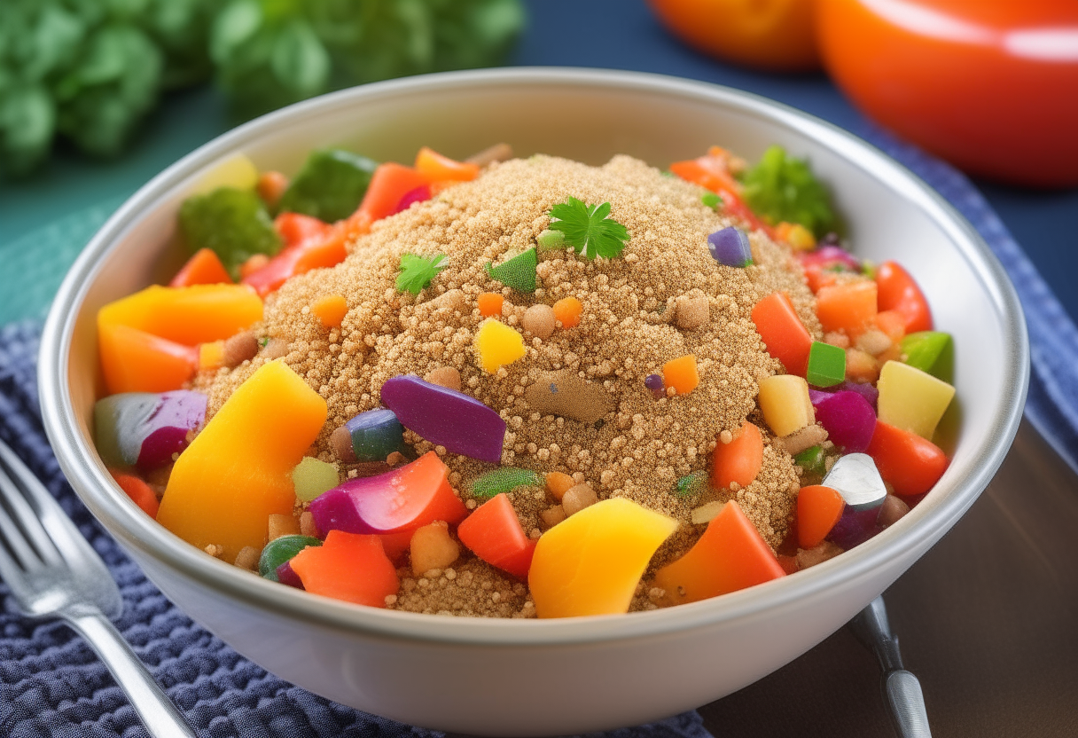 A colorful bowl of quinoa salad with fresh vegetables, garnished with a sprinkle of quinoa grains and served alongside an iPod.