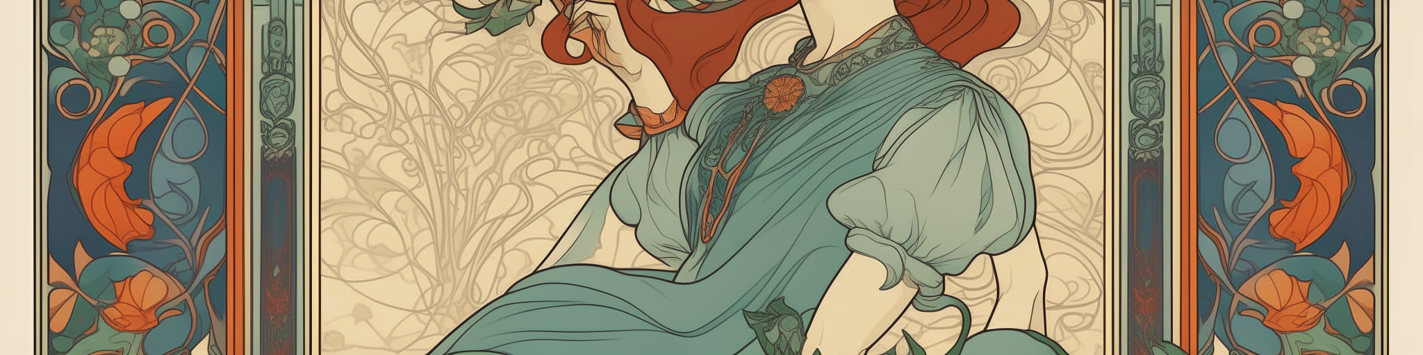 A tall, narrow, art nouveau style rectangular banner in the style of Alphonse Mucha. The background is an ornate pattern with flowers and swirling designs. In the center is the text 1910s in an elegant serif font.