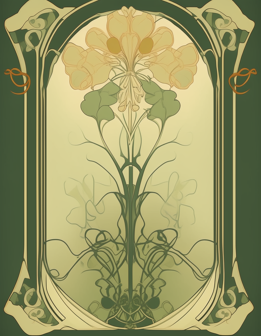 A tall, art nouveau style poster with ornate flower and vine patterns along the sides. The top middle is left blank. The overall style reflects 1910s aesthetic.