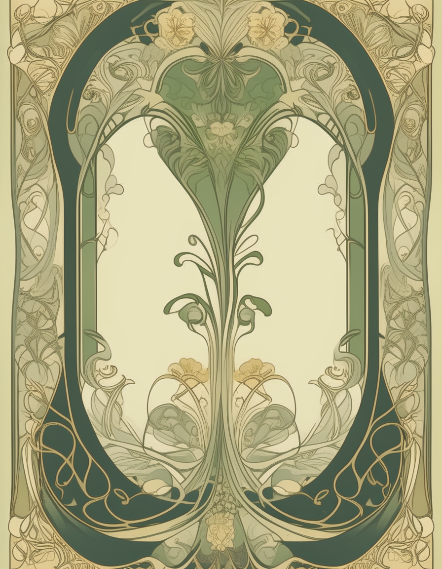 A tall, ornate art nouveau style poster with intricate floral patterns and swirling vines along the sides. The top middle is blank white space. The overall style reflects 1910s aesthetic.