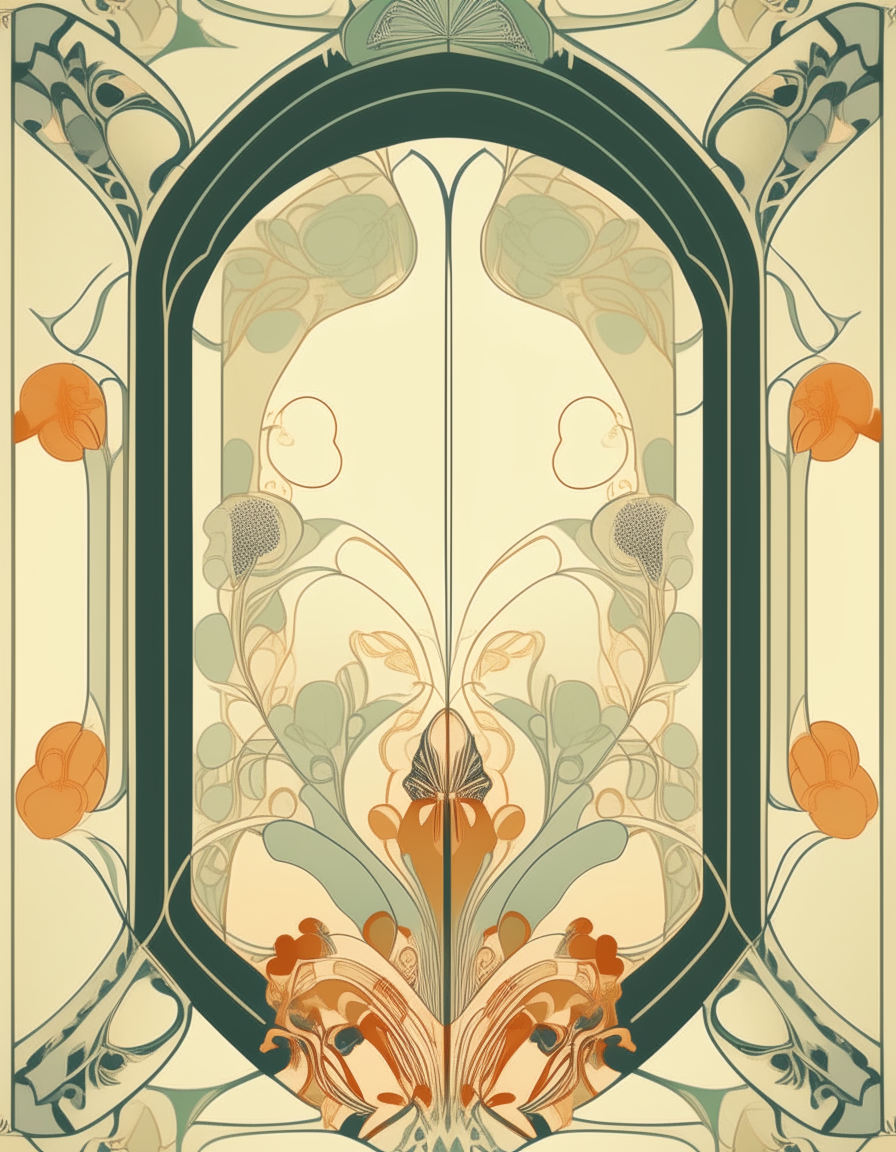 A tall, art nouveau style poster with ornate symmetrical patterns along the sides leading to blank white space in the top middle. The background contains geometric shapes and floral inspired designs in 1910s style.