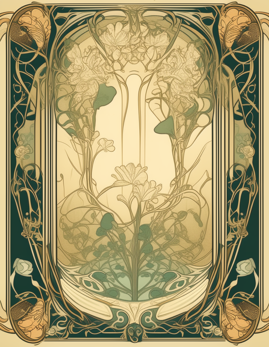 A tall, ornate art nouveau style poster with intricate floral patterns and swirling vines along the sides. The top middle features a blank white space with a faint image of the Titanic ship. The overall style reflects 1910s aesthetic.