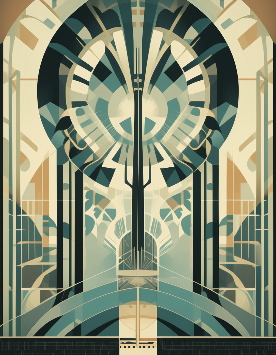 A tall art deco style poster with geometric patterns and shapes. A large empty space in the center alludes to the growth and optimism of the 1920s.