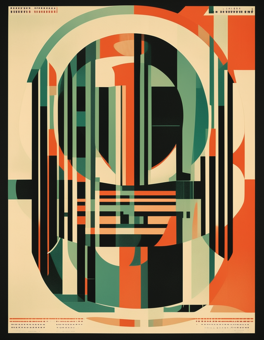 A tall art deco style poster with bold geometric shapes and patterns. A large empty space in the center evokes the economic challenges of the 1930s.