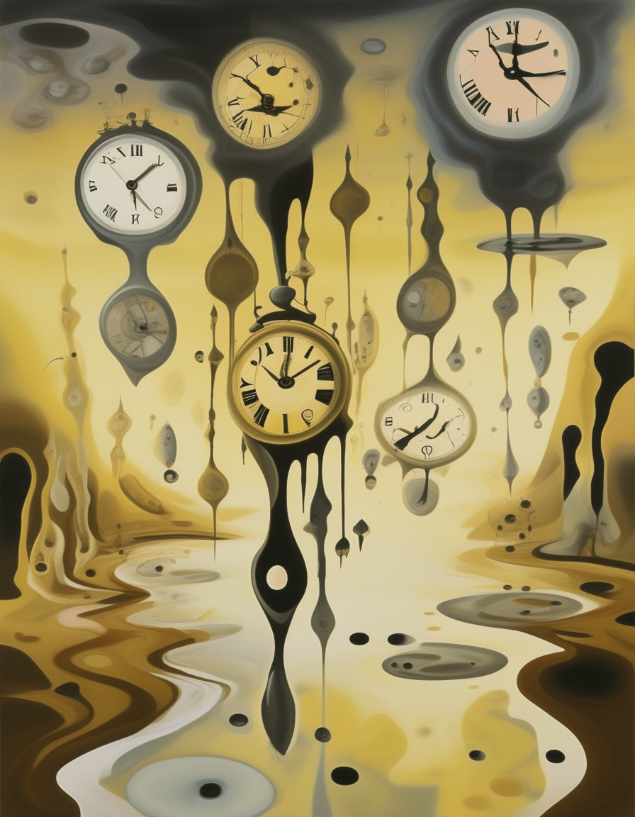 A tall poster with melting clocks, floating eyes and disconnected shapes floating in an empty space, in the surrealist style of the 1930s.