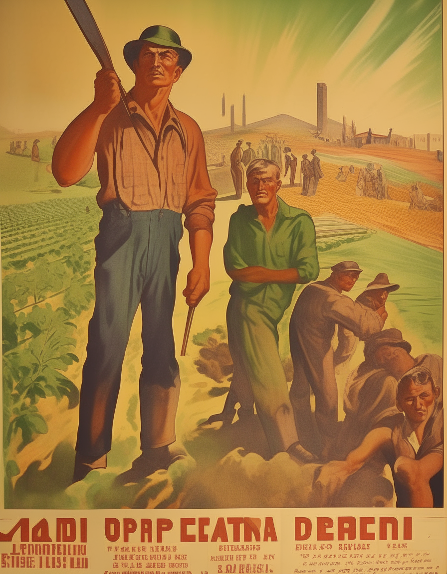 A tall poster depicting struggling workers and farmers in a social realist style reminiscent of 1930s art.