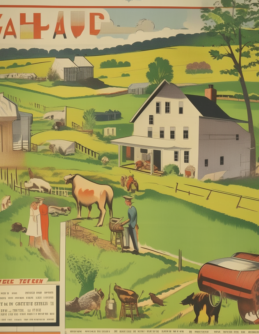 A tall poster depicting rural American life in the style of 1930s Regionalist art.