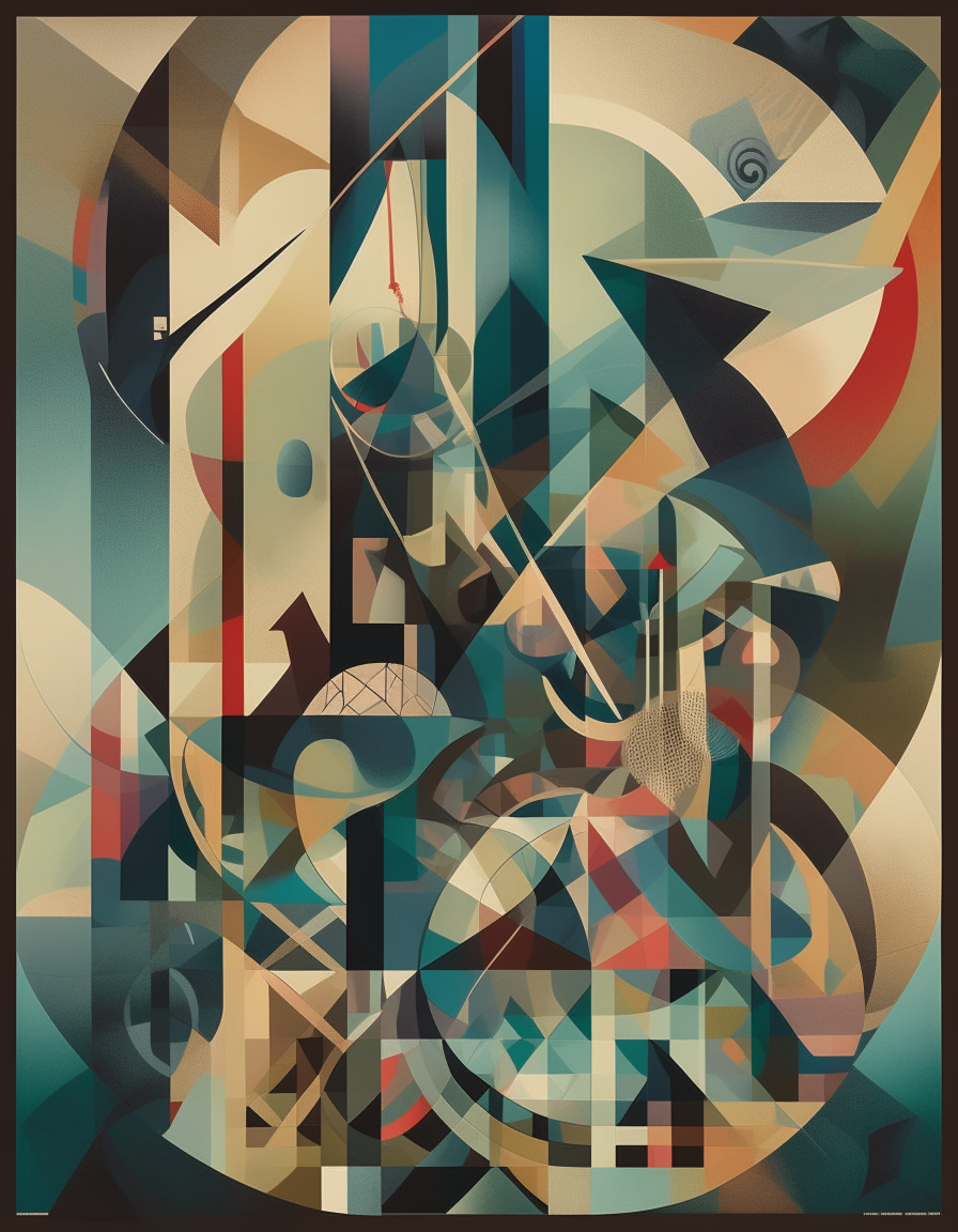 A tall poster with geometric shapes and fragmented perspectives reminiscent of 1930s Cubist art.