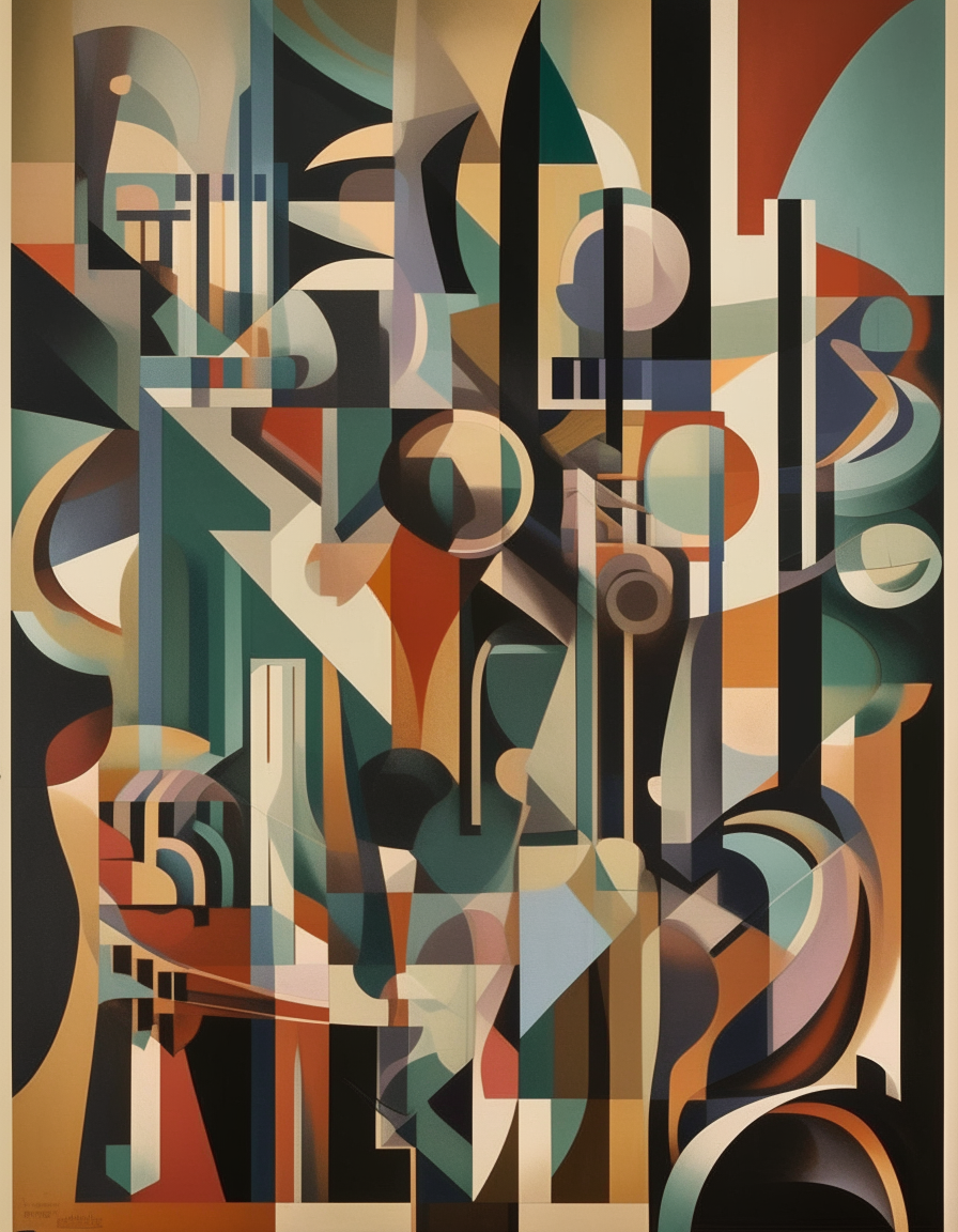 A tall 1930s Cubist style poster with large geometric shapes and less figures.