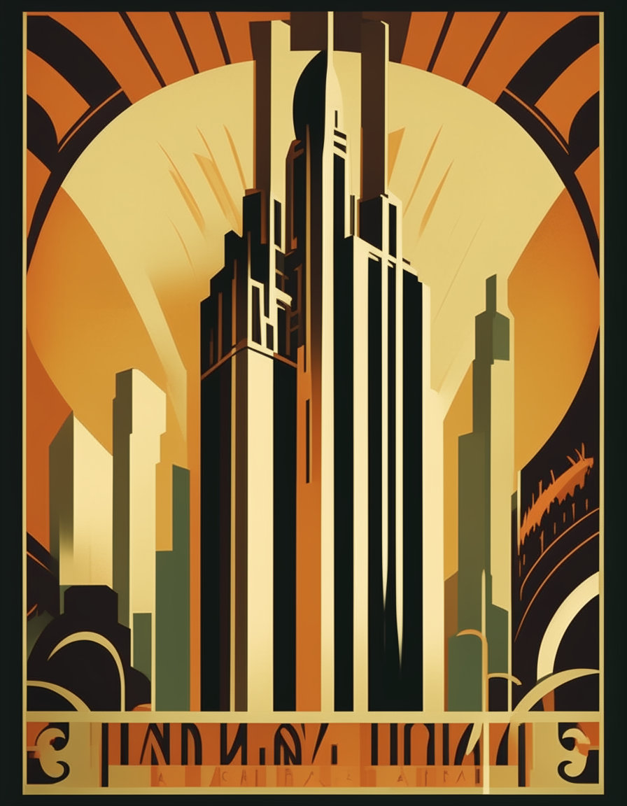 A tall art deco style poster depicting bold shapes and architecture reminiscent of 1930s New York.