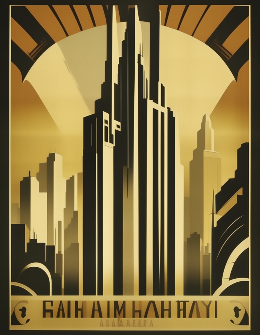 A tall 1930s art deco New York skyline poster without any figures at the bottom