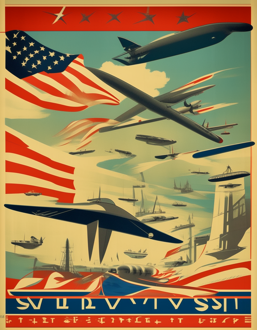 A vintage style poster depicting patriotic American imagery like flags, factories, and airplanes in the style of 1940s wartime propaganda.