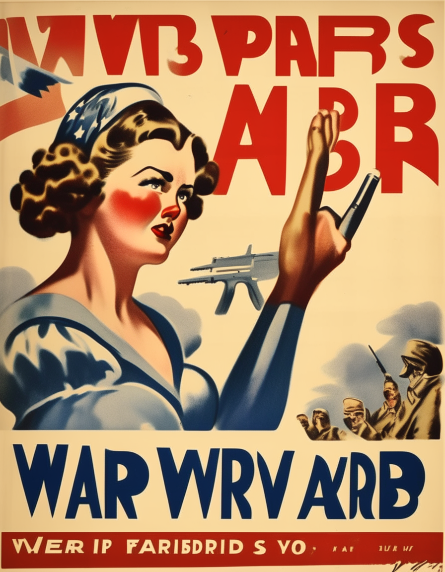 A vintage 1940s style poster encouraging war bond purchases, with patriotic imagery and text reading 'Buy War Bonds'