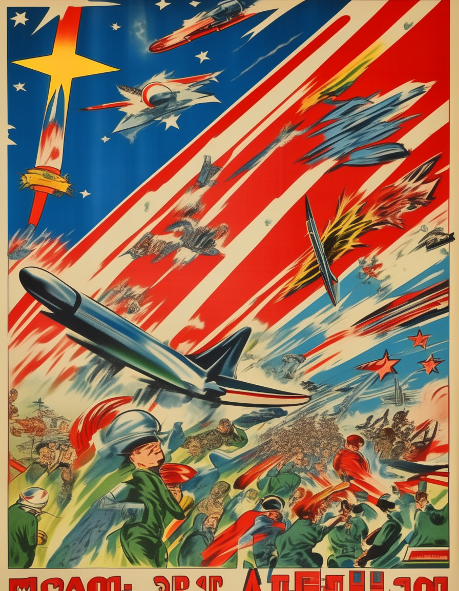 A vintage 1940s comic book style poster with bright colors, action lines, and patriotic imagery like soldiers, airplanes, and American flags.