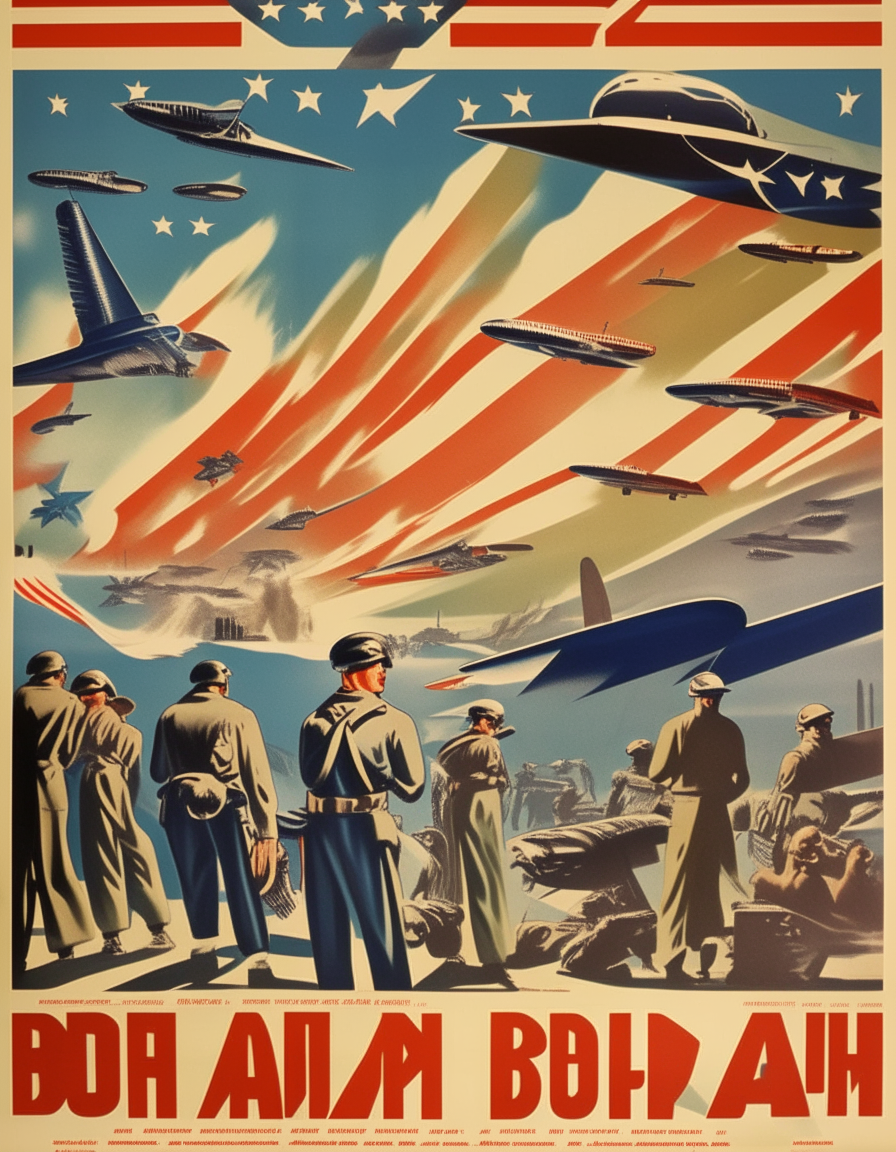 A vintage 1940s style poster with patriotic imagery like soldiers, factories, airplanes, and American flags, but no text.