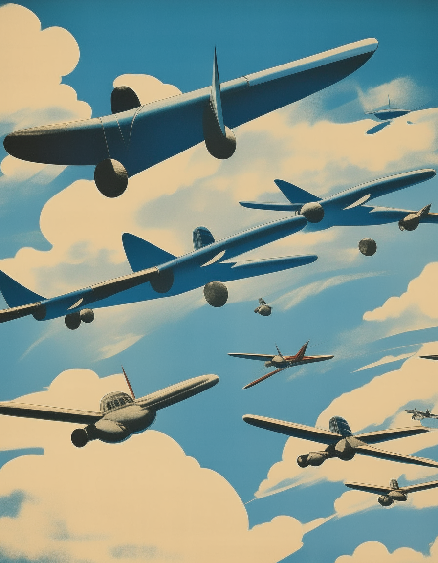 A vintage 1940s wartime poster depicting multiple airplanes flying, with a blue sky background and no text