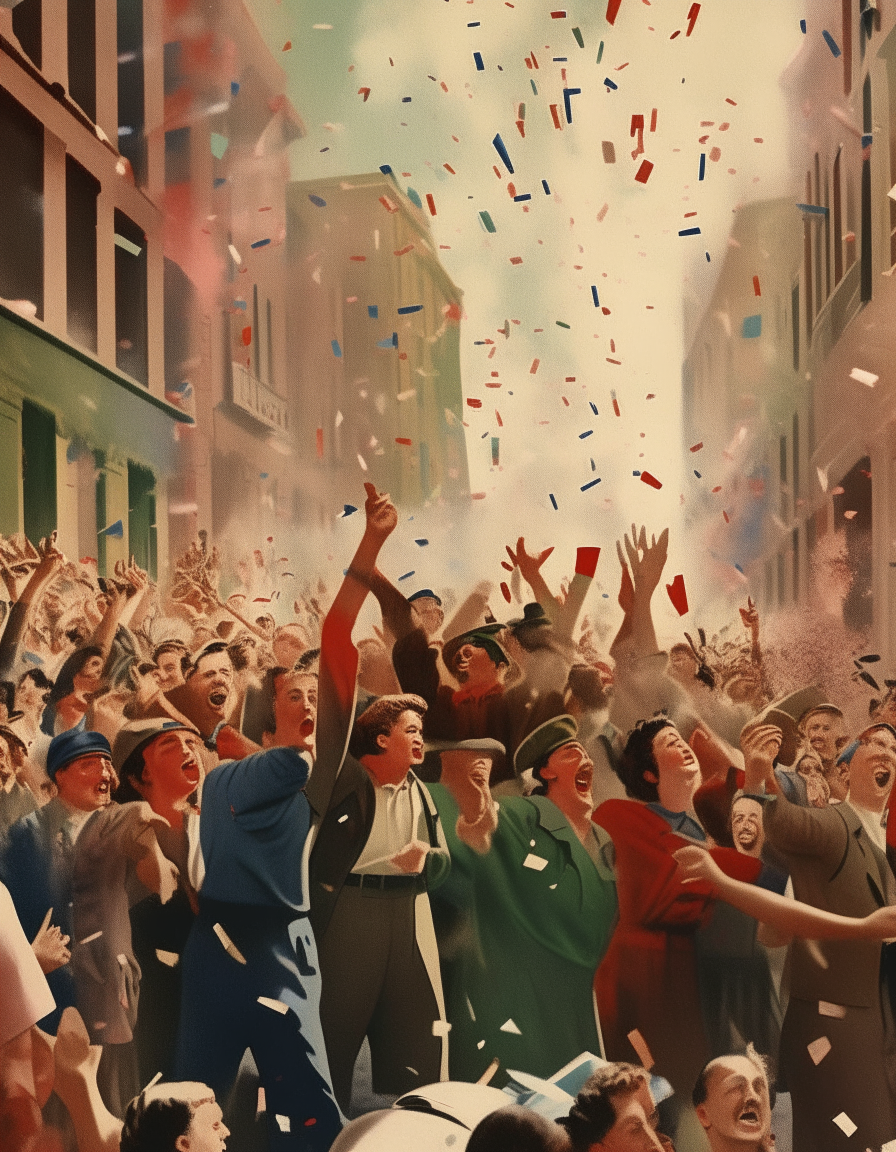 A vintage 1940s wartime poster depicting crowds celebrating in the streets on victory day, with confetti and American flags but no text