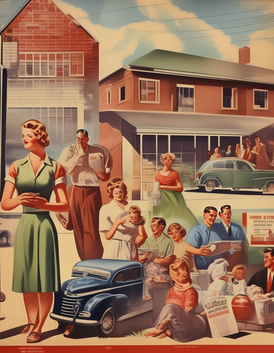 A vintage 1940s poster in a realist style depicting everyday people and scenes from 1940s American life.