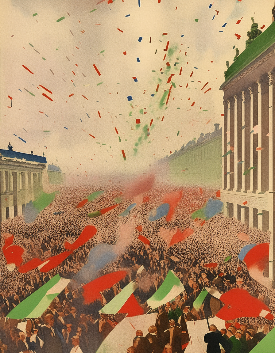 A 1940s victory day celebration poster depicting crowds and confetti from an aerial view, no text