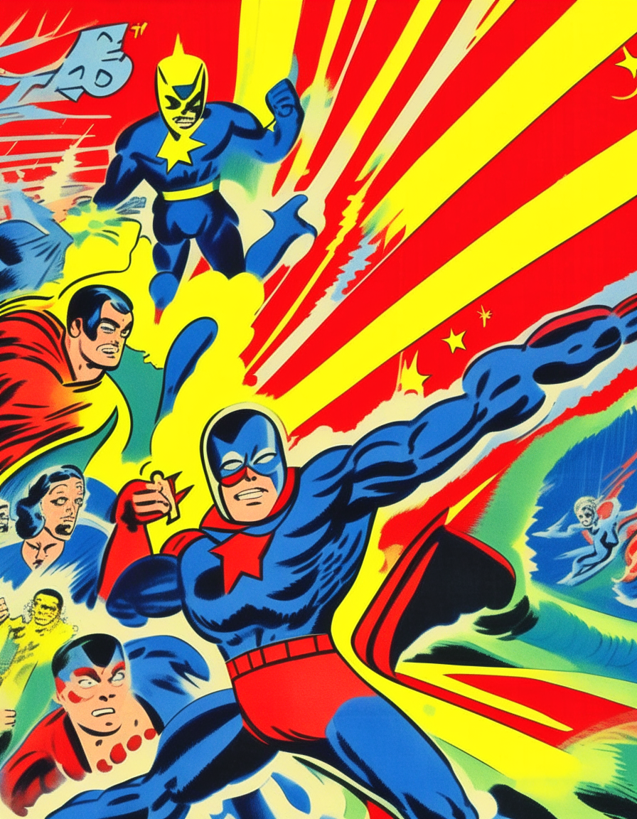 A brightly colored 1940s comic book style poster with action lines, sound effects, and patriotic superhero characters