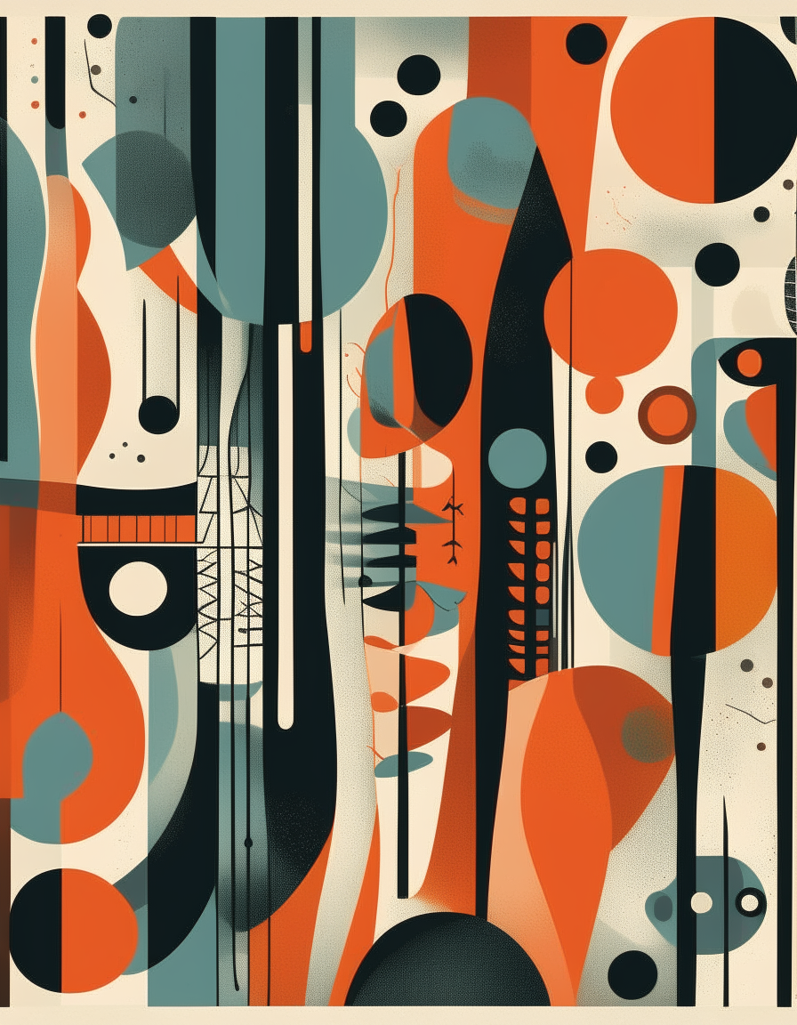 A tall poster with abstract shapes and patterns in the Mid-Century Modern style of the 1950s