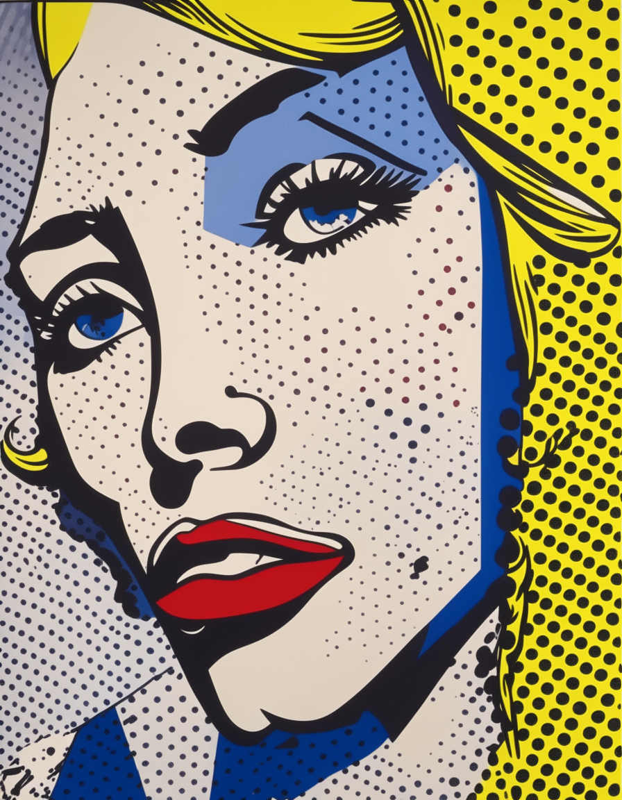 A tall poster in Roy Lichtenstein's 1950's pop art style with comic book inspired dot patterns and bright colors