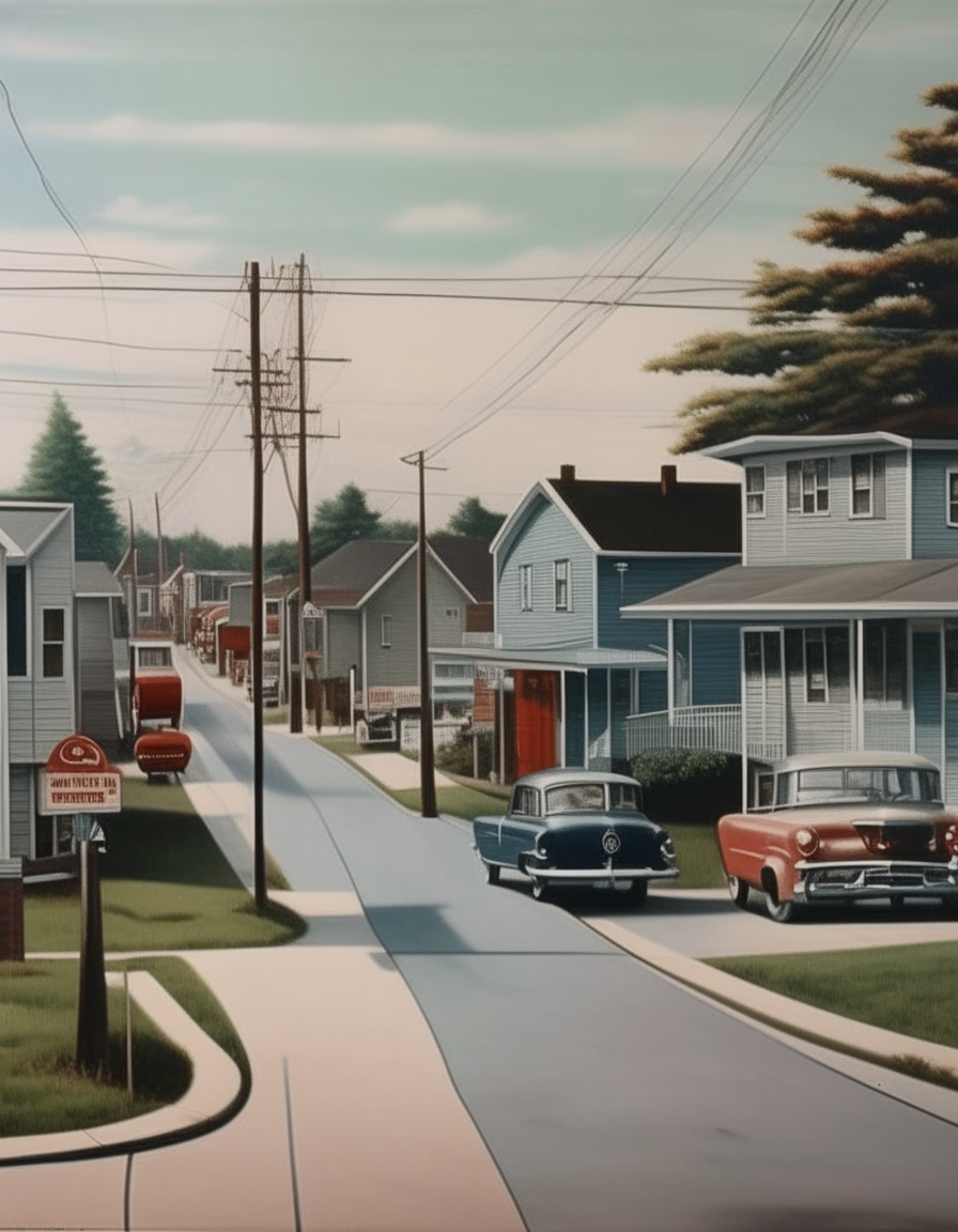 A photorealistic tall poster depicting an American suburb from the 1950s