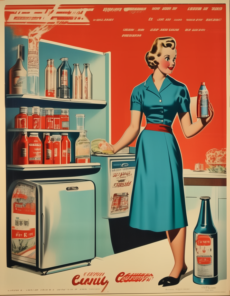 A tall 1950s poster in a commercial advertising style depicting consumer goods and appliances