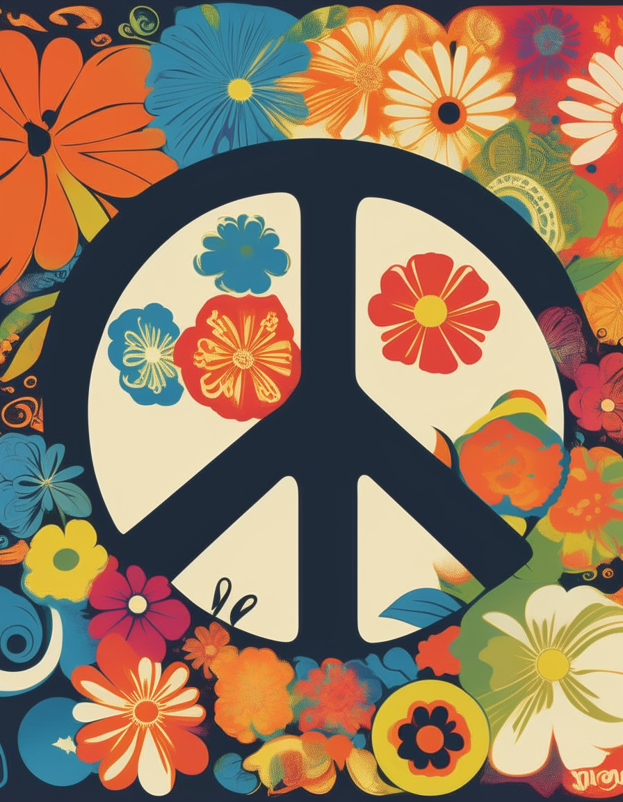 A 1960s style poster with a peace sign, flowers, and colors, advocating for peace