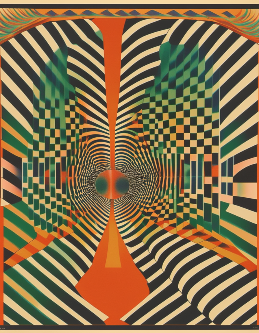 A 1960s optical illusion poster with geometric patterns creating vibrating effects