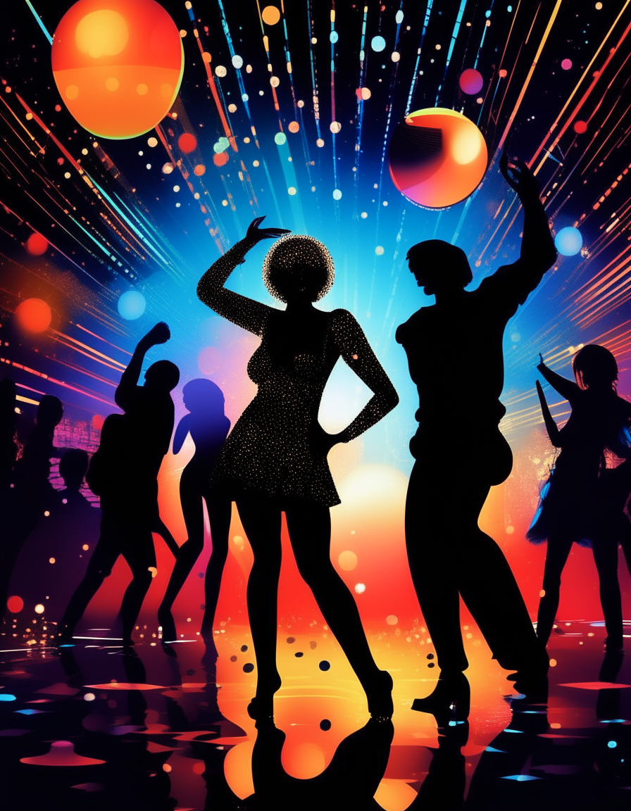 A 1970s style poster with shiny disco balls, neon lights, and dancing silhouettes, evoking the disco club era