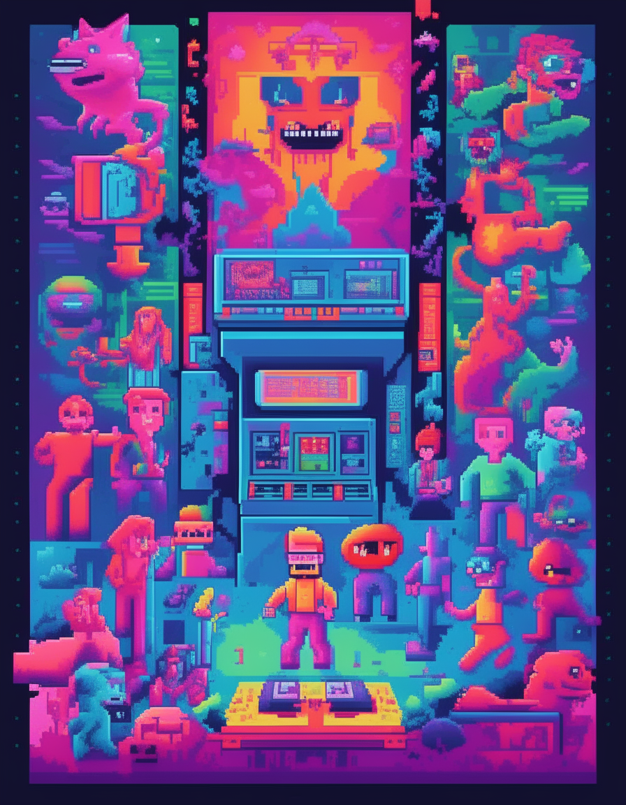 A 1980s pixel art style poster with 8 bit video game characters, bright neon colors, and arcade game references