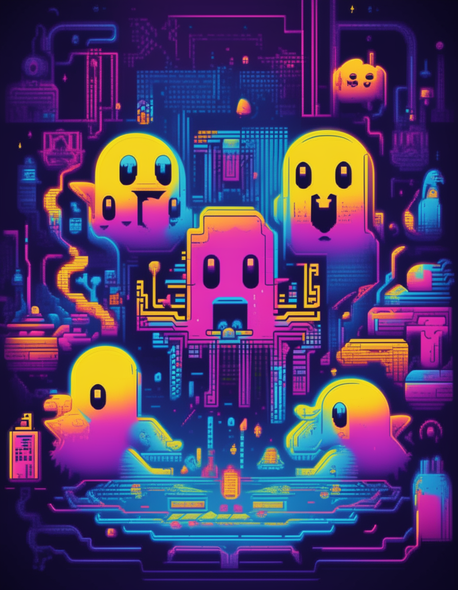 A 1980s pixel art style poster with Pac-Man and ghosts characters in a neon maze