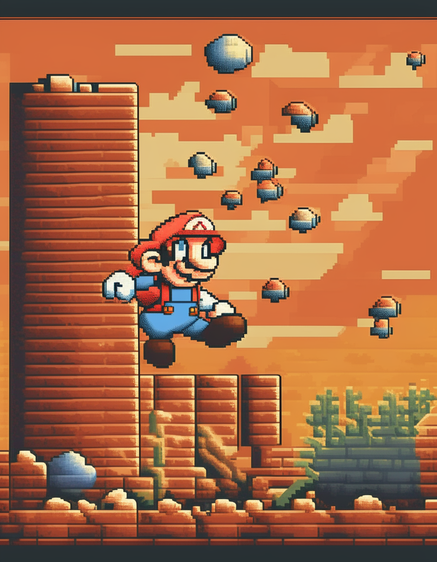 A 1980s pixel art style poster with Super Mario jumping next to pixelated mushrooms and bricks