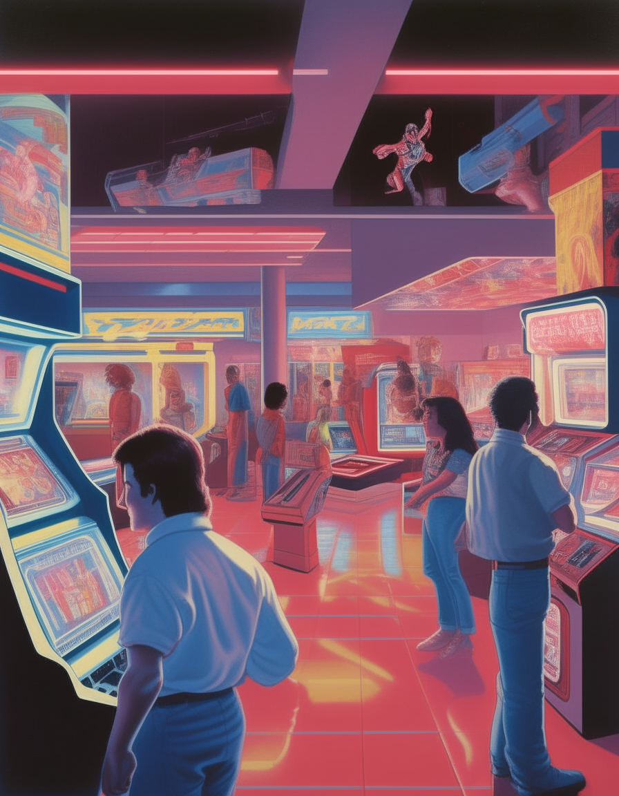 A 1980s poster depicting an arcade interior with people playing brightly lit video games